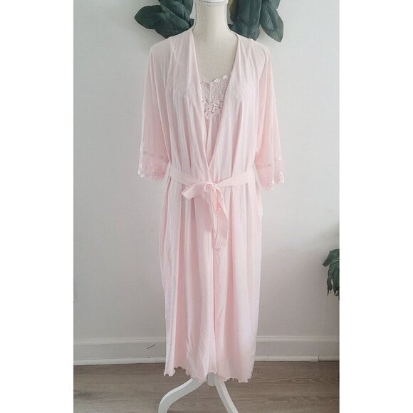 ShadowLine Other - Shadowline Vintage Nylon Peignoir Pink Long Lace Sleevless Night Gown Robe Set S
